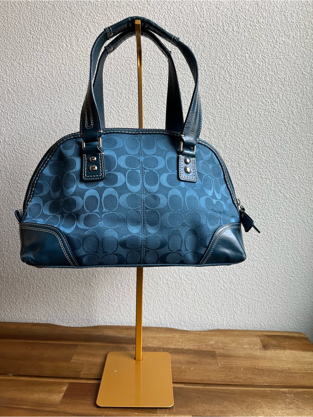 Coach Teal Signature Jacquard Satchel with Front Turn-Lock - Picture 2 of 16